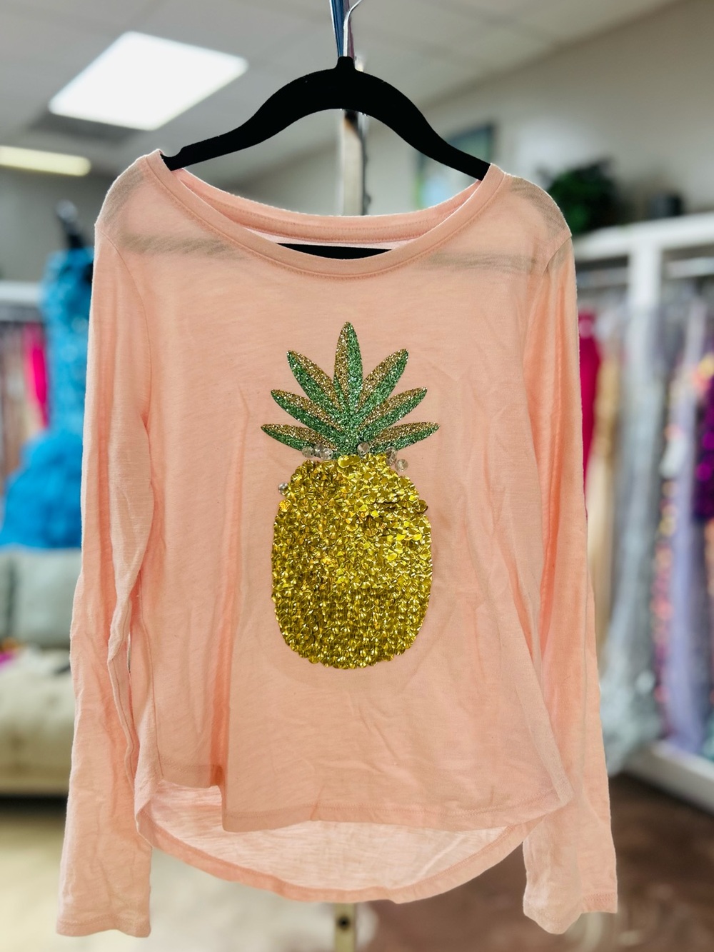 Girls' Peach Long-Sleeve Top with Sequin Pineapple